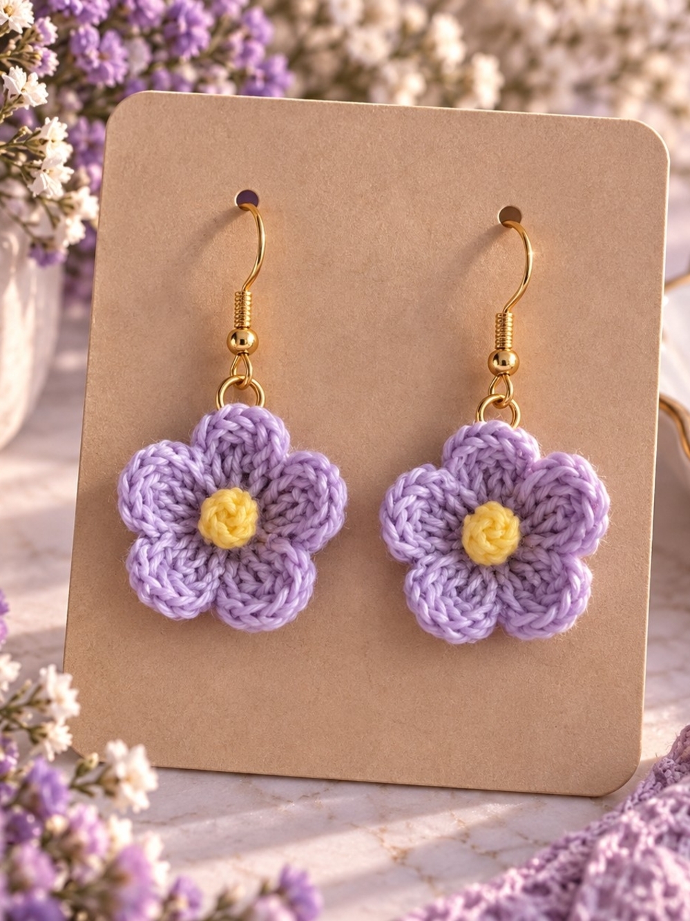 Handmade Lavender Crochet Flower Earrings with Yellow Center - Women Jewelry